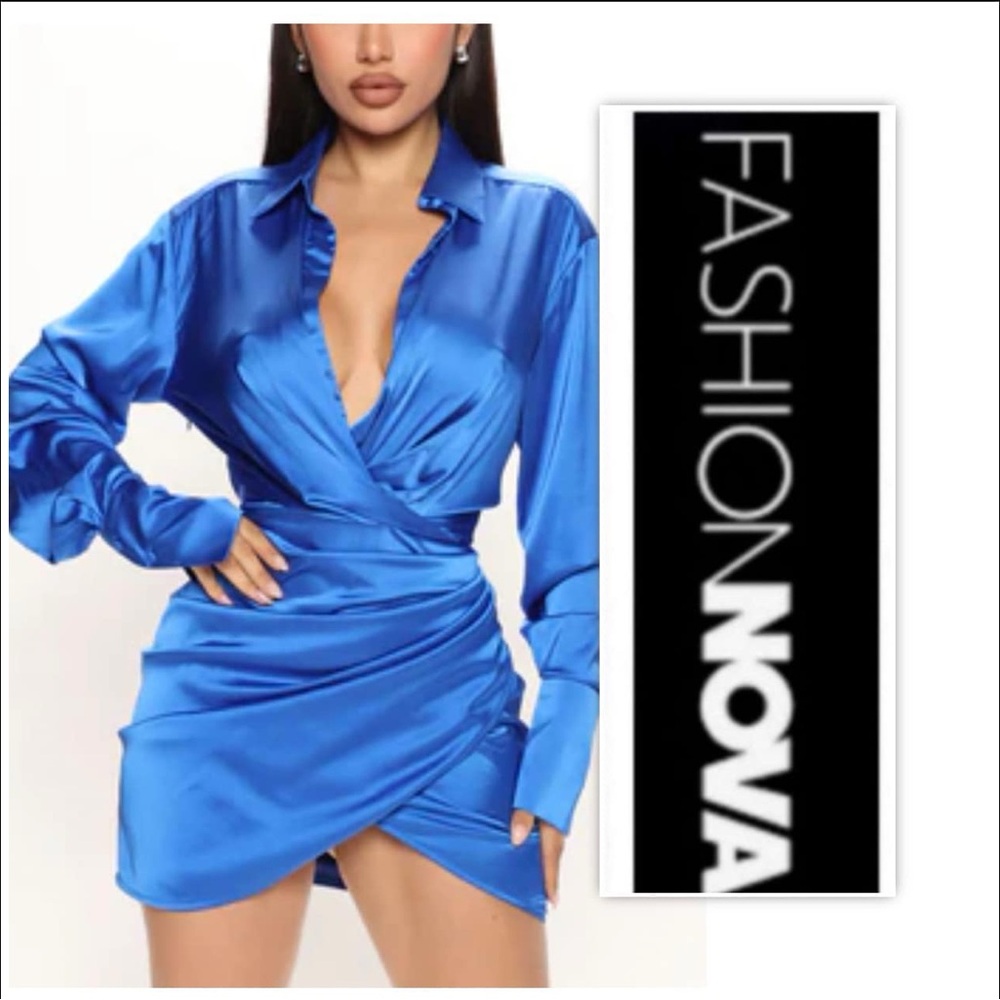 Fashion Nova Royal Blue Power Player Satin Mini Shirt Dress